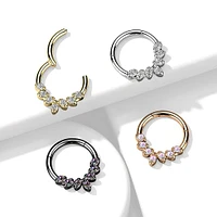 316L Surgical Steel Rose Gold PVD AB CZ Gem Vine Leaf Dainty Septum Ring Hinged Clicker Hoop