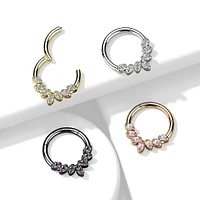 316L Surgical Steel Rose Gold PVD AB CZ Gem Vine Leaf Dainty Septum Ring Hinged Clicker Hoop