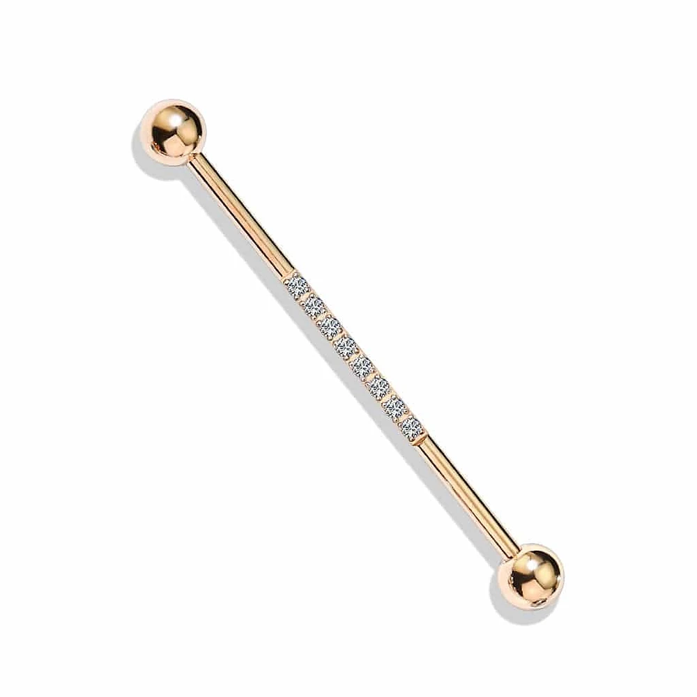 316L Surgical Steel Rose Gold PVD Industrial Straight Barbell With Dainty White CZ Gems