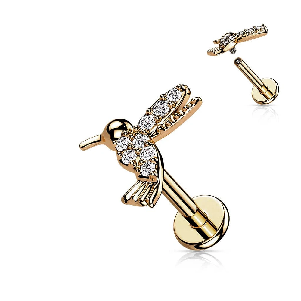 316L Surgical Steel Rose Gold PVD Internally Threaded Dainty White CZ Hummingbird Labret Stud