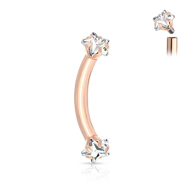 316L Surgical Steel Rose Gold PVD Internally Threaded Double White CZ Star Curved Barbell