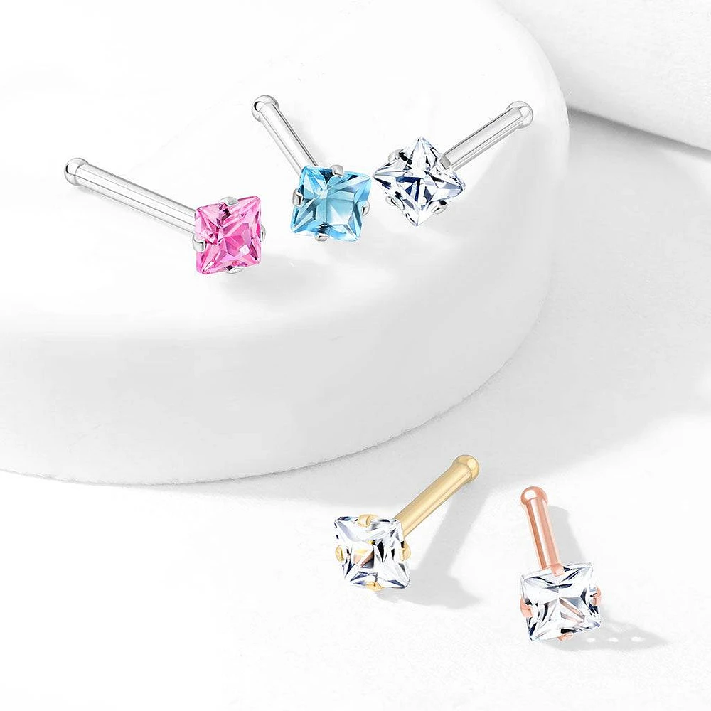 316L Surgical Steel Rose Gold PVD Square White CZ Ball End Nose Pin
