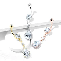 316L Surgical Steel Rose Gold PVD Teardrop White CZ Pave Dangle Belly Ring