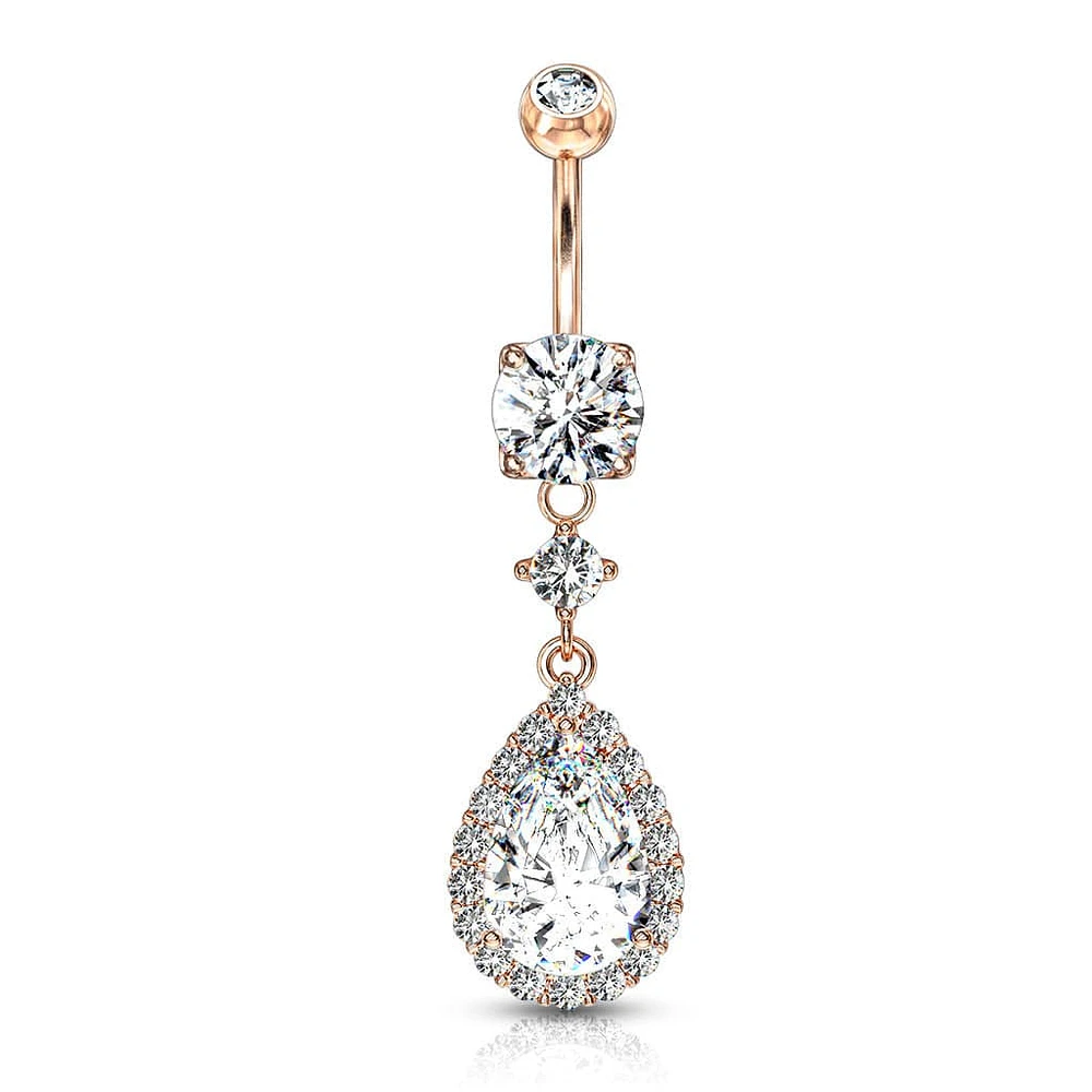 316L Surgical Steel Rose Gold PVD Teardrop White CZ Pave Dangle Belly Ring