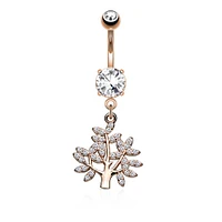 316L Surgical Steel Rose Gold PVD Tree Of Life White CZ Dangle Belly Ring