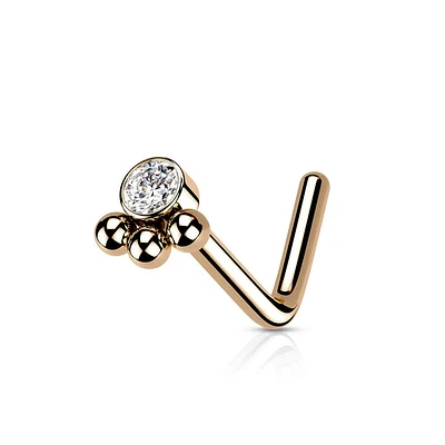 316L Surgical Steel Rose Gold PVD Tribal Ball White CZ L-Shape Nose Ring Stud