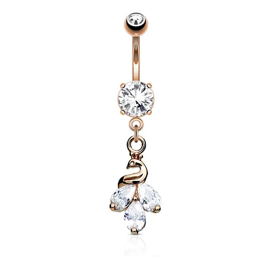 316L Surgical Steel Rose Gold PVD White CZ Peacock Dangle Belly Ring