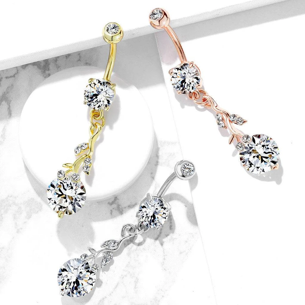 316L Surgical Steel Rose Gold PVD White CZ Vine Dangle Belly Ring