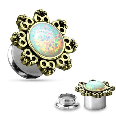 316L Surgical Steel Screw On Ear Plugs Gauges with Antique Bronze Lotus Flower Opal Center
