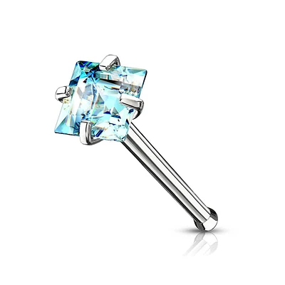 316L Surgical Steel Square Aqua CZ Ball End Nose Pin