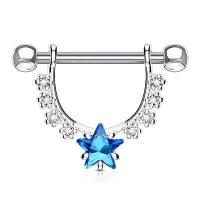 316L Surgical Steel Star Dangle White & Blue CZ Nipple Ring Barbell