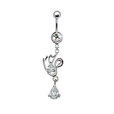 316L Surgical Steel Swan with Teardrop Gem CZ Dangle Belly Ring