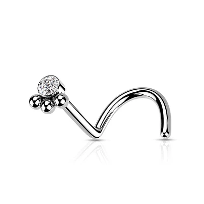 316L Surgical Steel Tribal Ball White CZ Corkscrew Nose Ring Stud