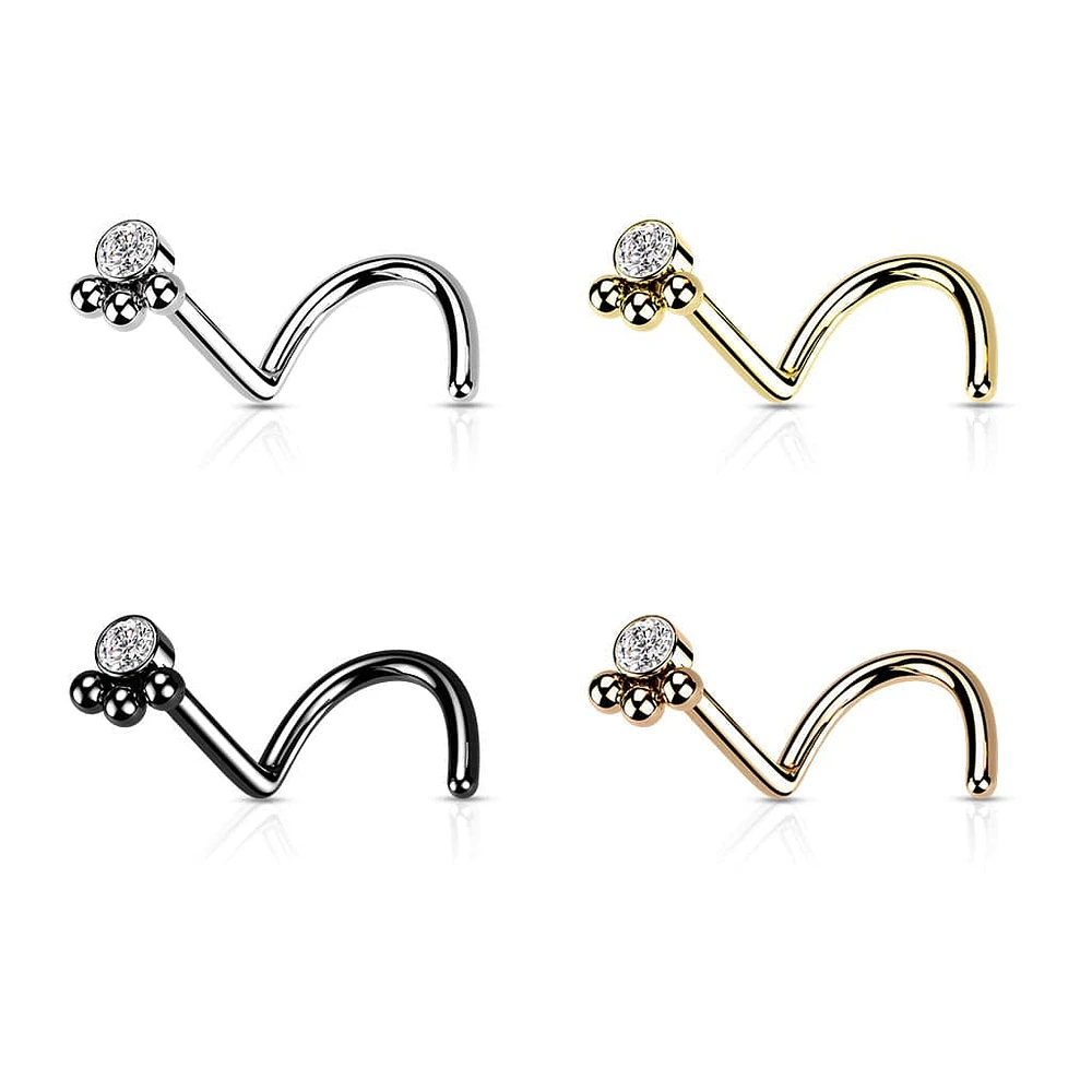 316L Surgical Steel Tribal Ball White CZ Corkscrew Nose Ring Stud