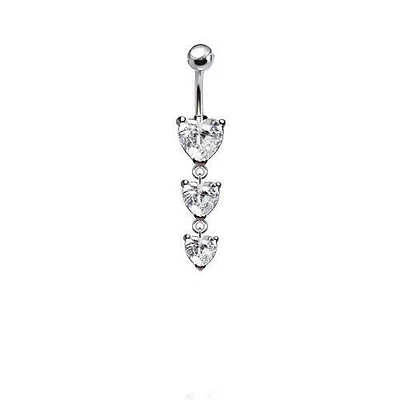 316L Surgical Steel Triple Heart CZ Dangle Belly Ring