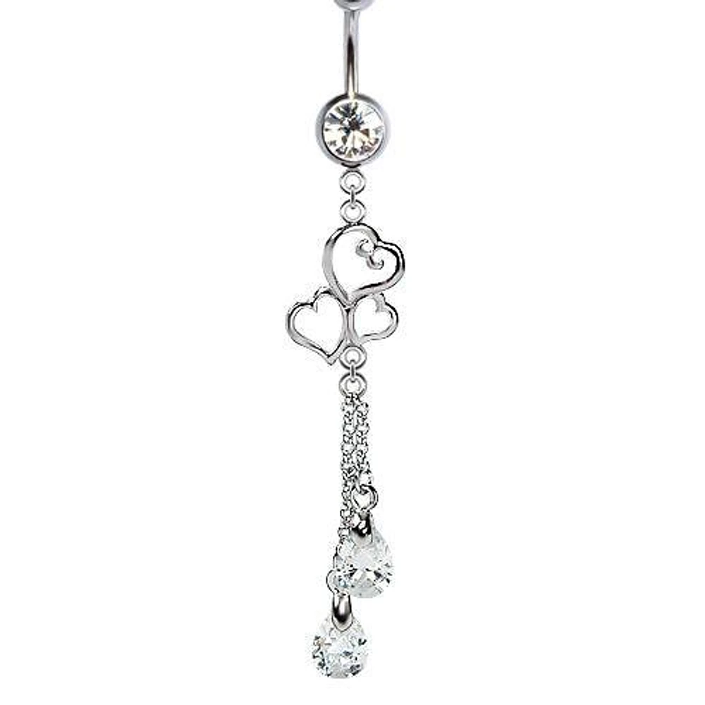 316L Surgical Steel Triple Heart Diamond CZ Dangle Belly Ring