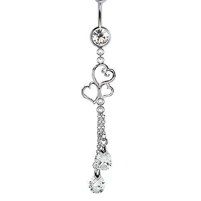 316L Surgical Steel Triple Heart Diamond CZ Dangle Belly Ring