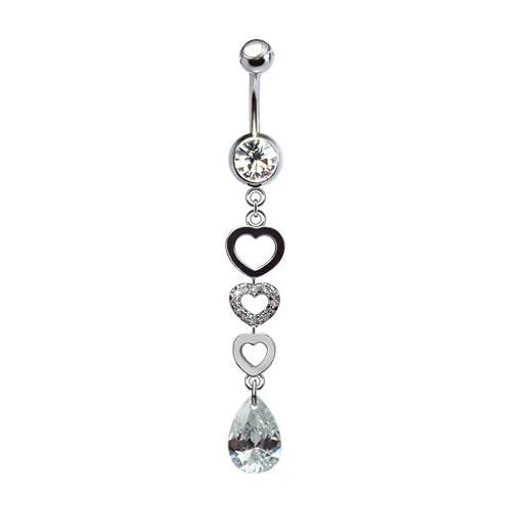 316L Surgical Steel Triple Heart with Teardrop CZ Dangle Belly Ring