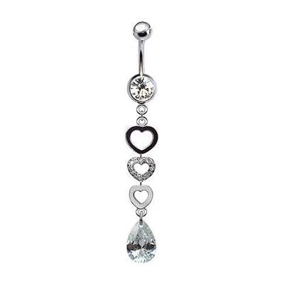 316L Surgical Steel Triple Heart with Teardrop CZ Dangle Belly Ring