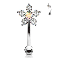 316L Surgical Steel White & Aurora Borealis Flower Curved Barbell