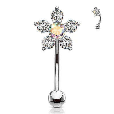 316L Surgical Steel White & Aurora Borealis Flower Curved Barbell