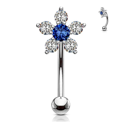316L Surgical Steel White & Blue Flower Curved Barbell