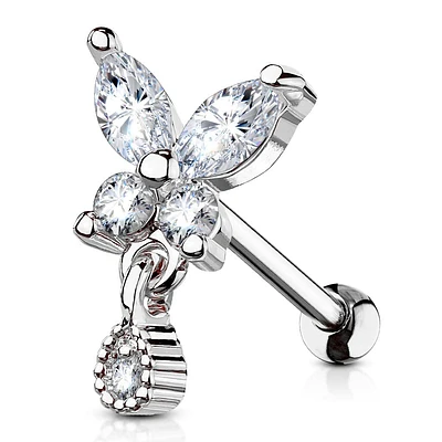 316L Surgical Steel White CZ Butterfly w. Teardrop Dangle Helix Barbell