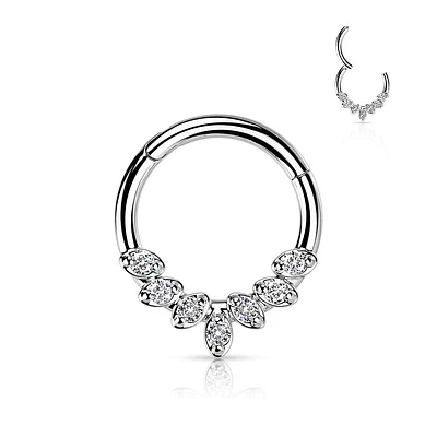 316L Surgical Steel White CZ Gem Vine Leaf Dainty Septum Ring Hinged Clicker Hoop