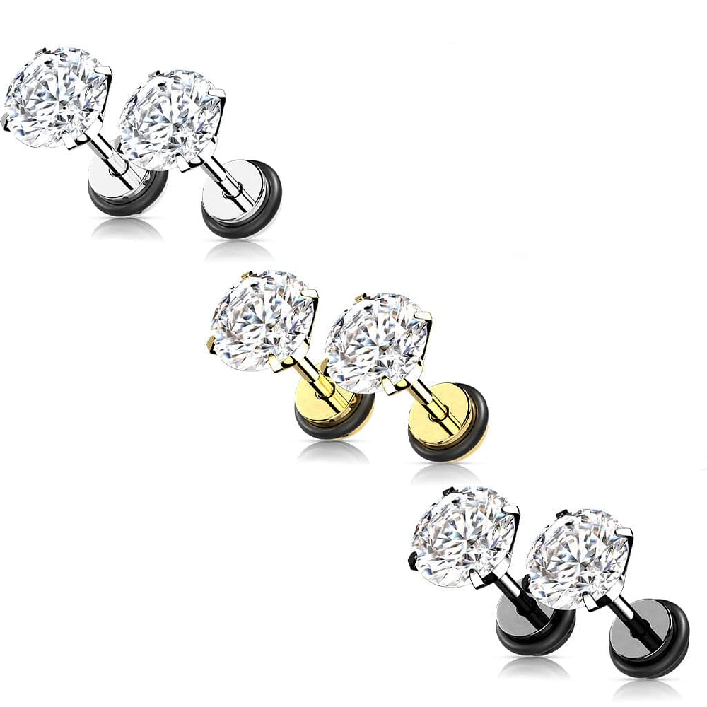 316L Surgical Steel White CZ Round Clawed Fake Plug Earrings