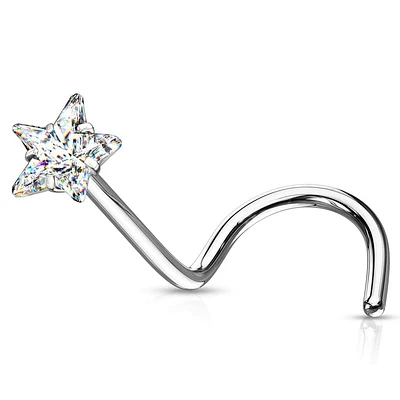 316L Surgical Steel White CZ Star Corkscrew Nose Ring Stud