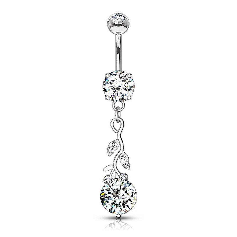 316L Surgical Steel White CZ Vine Dangle Belly Ring