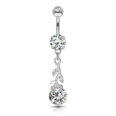 316L Surgical Steel White CZ Vine Dangle Belly Ring