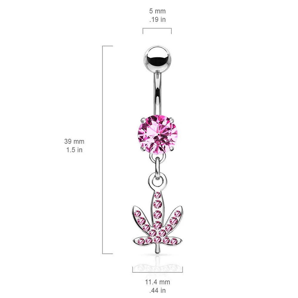 316L Surgical Steel CZ Weed Leaf Dangle Belly Ring