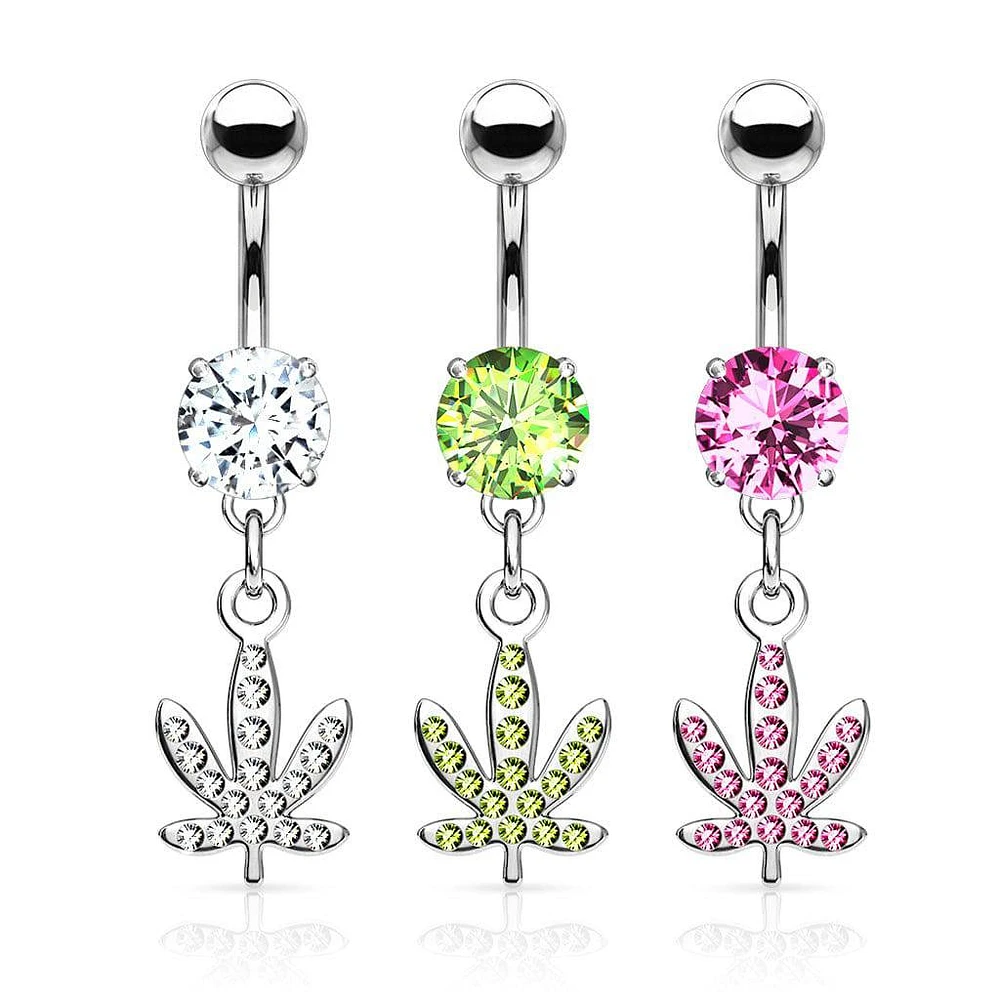 316L Surgical Steel CZ Weed Leaf Dangle Belly Ring