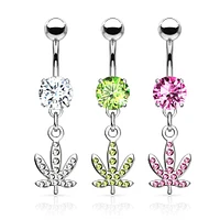 316L Surgical Steel CZ Weed Leaf Dangle Belly Ring