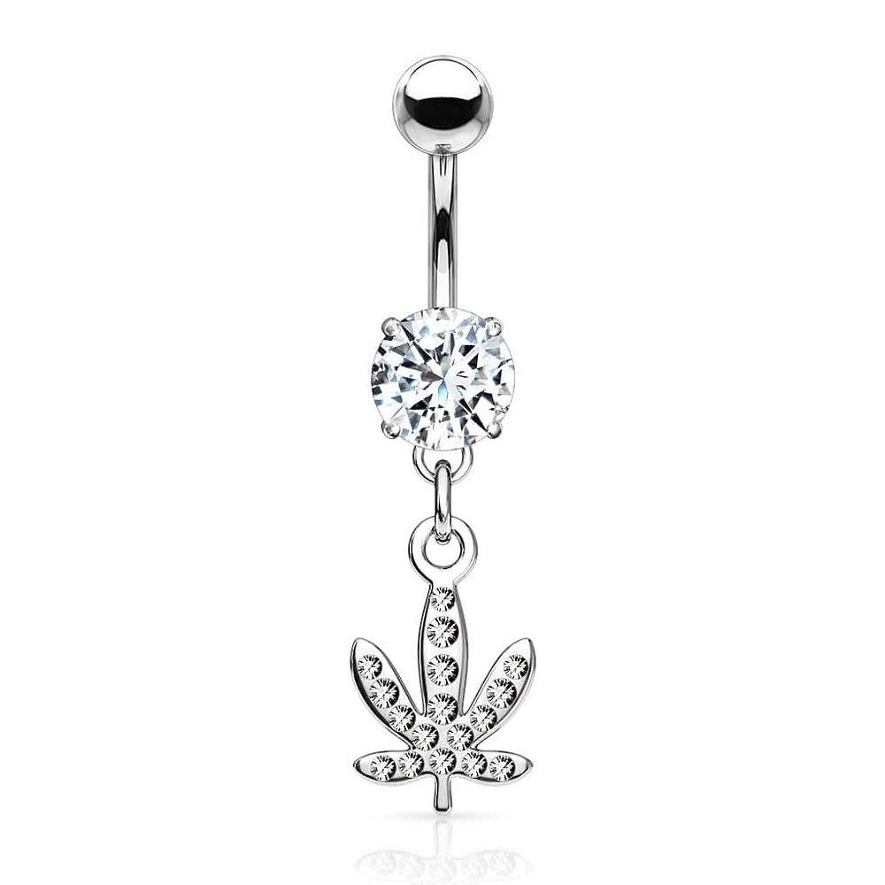 316L Surgical Steel CZ Weed Leaf Dangle Belly Ring