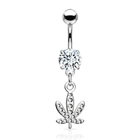 316L Surgical Steel CZ Weed Leaf Dangle Belly Ring