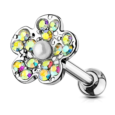 316L Surgical Steel White Pearl AB CZ Flower Cartilage Stud
