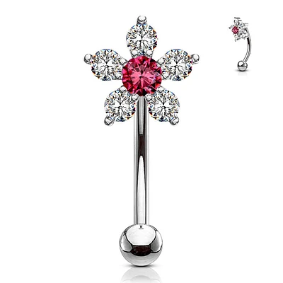 316L Surgical Steel White & Pink Flower Curved Barbell