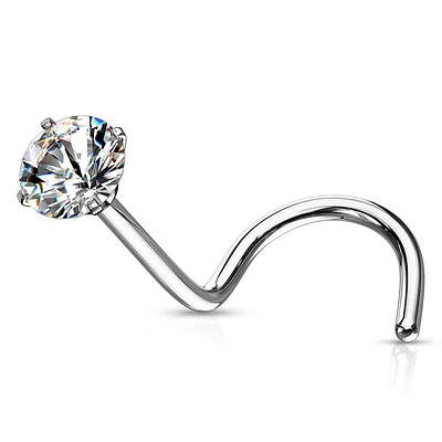 316L Surgical Steel White Round CZ Prong Gem Corkscrew Nose Ring Stud
