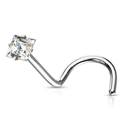 316L Surgical Steel White Square CZ Gem Corkscrew Nose Ring Stud