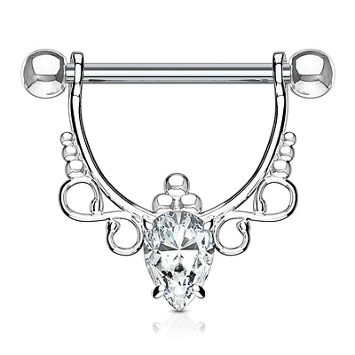 316L Surgical Steel with White Pear CZ Dangle Nipple Ring Barbell