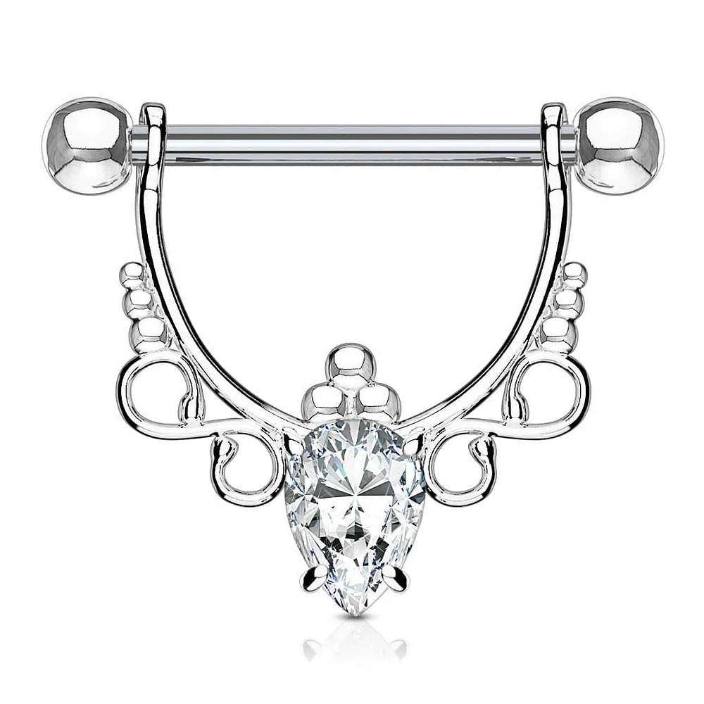 316L Surgical Steel with White Pear CZ Dangle Nipple Ring Barbell