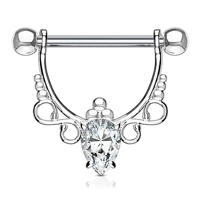 316L Surgical Steel with White Pear CZ Dangle Nipple Ring Barbell