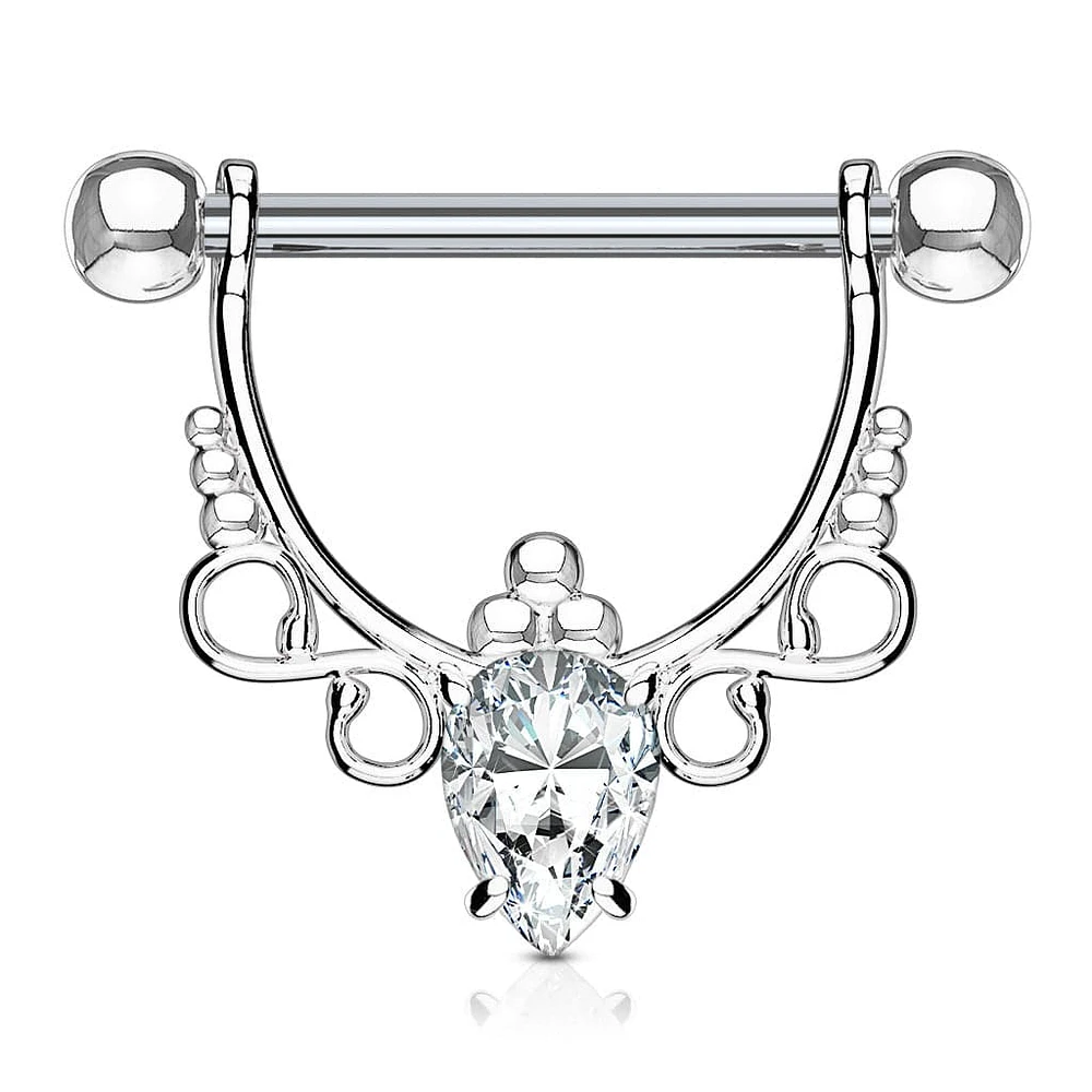 316L Surgical Steel with White Pear CZ Dangle Nipple Ring Barbell