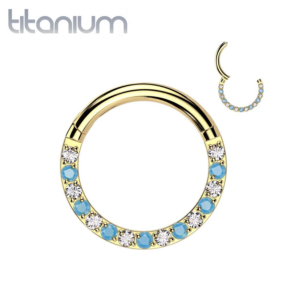 Implant Grade Titanium Gold PVD Aqua White CZ Pave Hinged Clicker Hoop