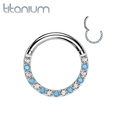 Implant Grade Titanium Aqua White CZ Pave Hinged Clicker Hoop