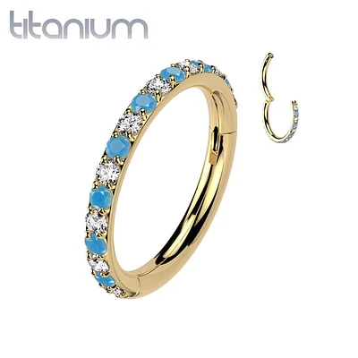 Implant Grade Titanium Gold PVD Aqua White CZ Pave Hinged Helix Clicker Hoop