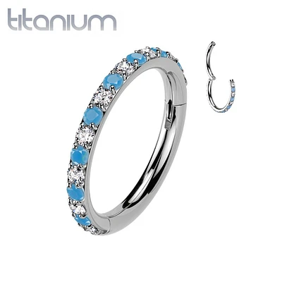 Implant Grade Titanium Aqua White CZ Pave Hinged Helix Clicker Hoop