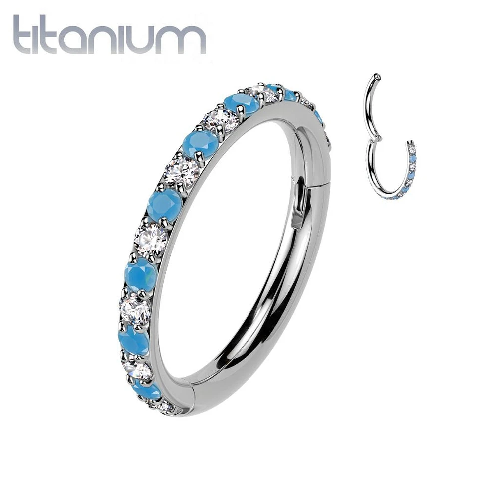 Implant Grade Titanium Aqua White CZ Pave Hinged Helix Clicker Hoop